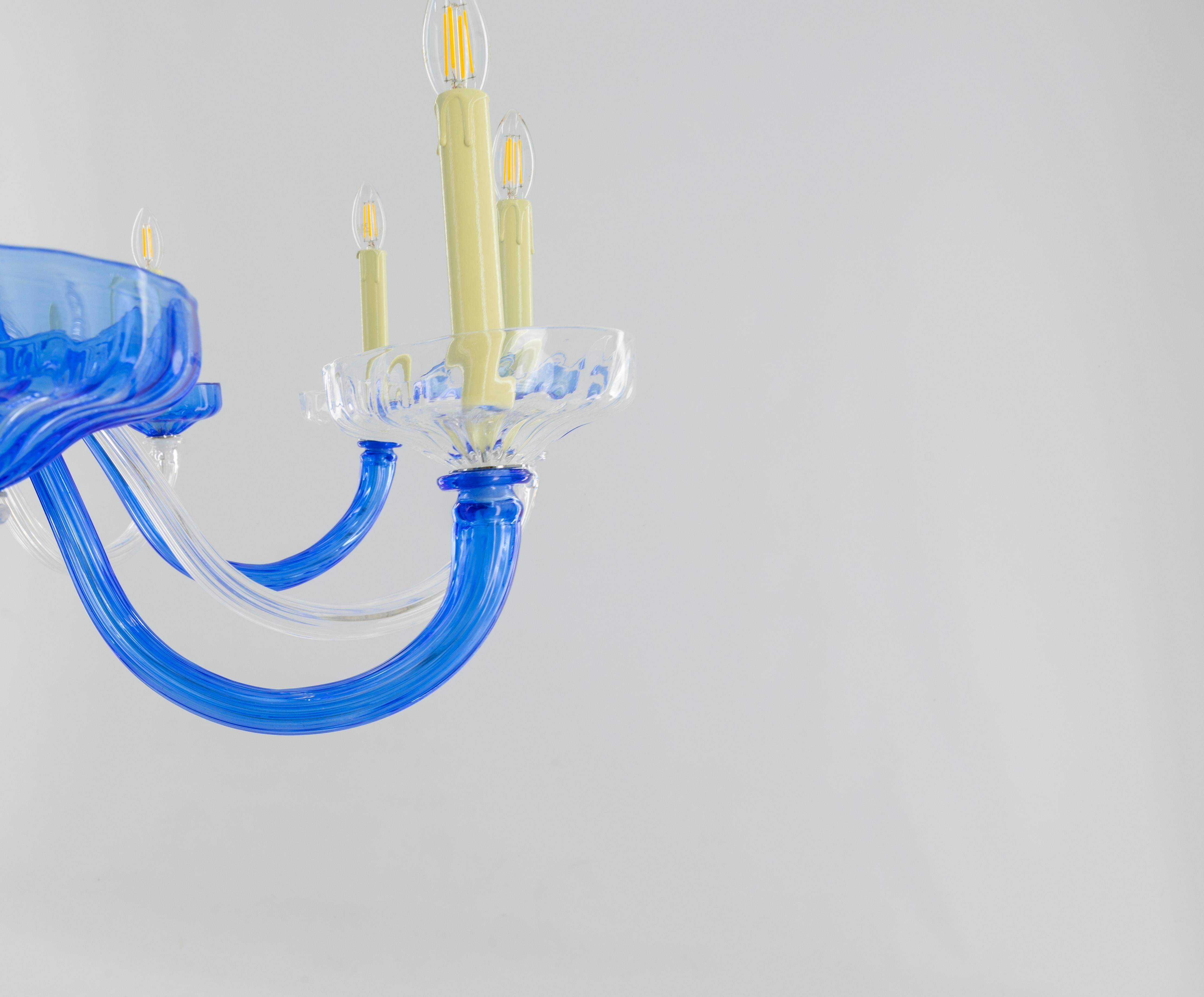 Art Glass Pair of Murano Glass Chandelier Cobalt & Crystal, Hand-Formed Candlestick Design For Sale