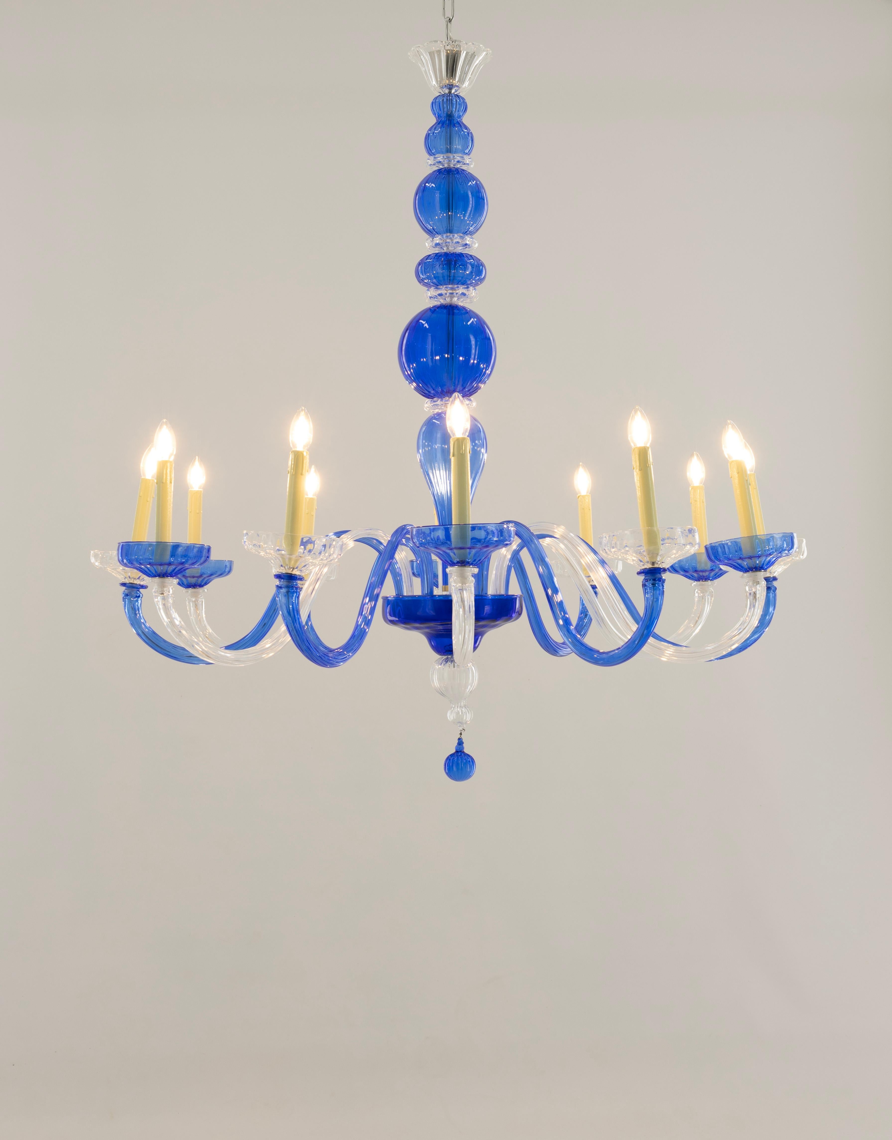 Pair of Murano Glass Chandelier Cobalt & Crystal, Hand-Formed Candlestick Design For Sale 1