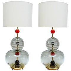 Pair of Murano Glass Clear and Red Table Lamps