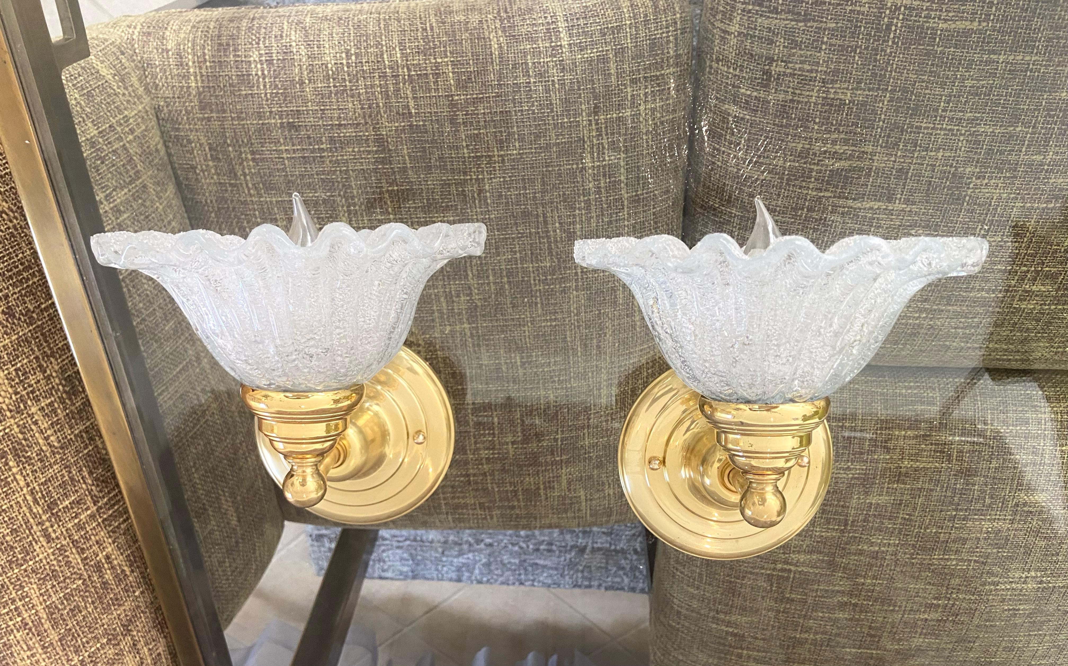 Pair of Murano Glass Clear Textured Brass Wall Sconces 11