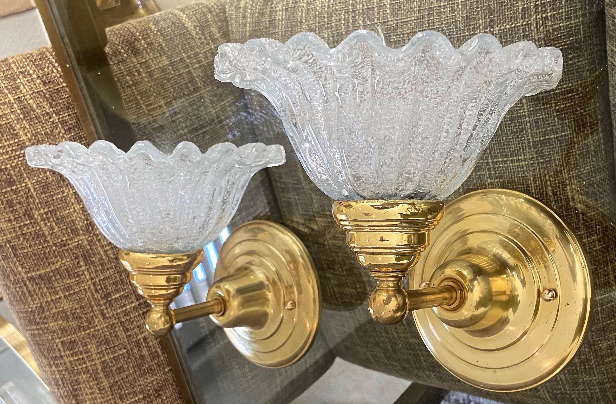 Pair of Murano Glass Clear Textured Brass Wall Sconces 12