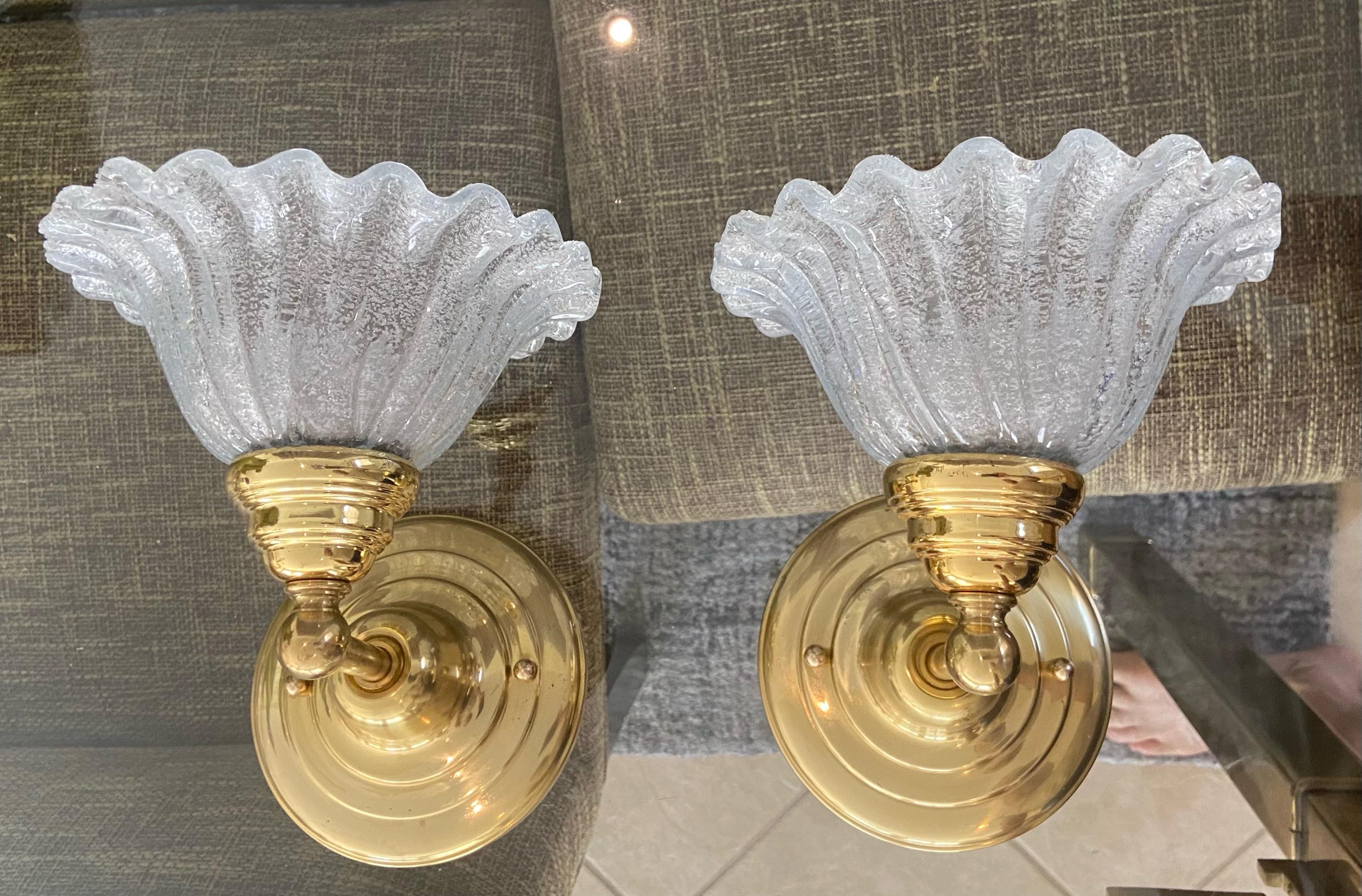 Pair of Murano Glass Clear Textured Brass Wall Sconces 2