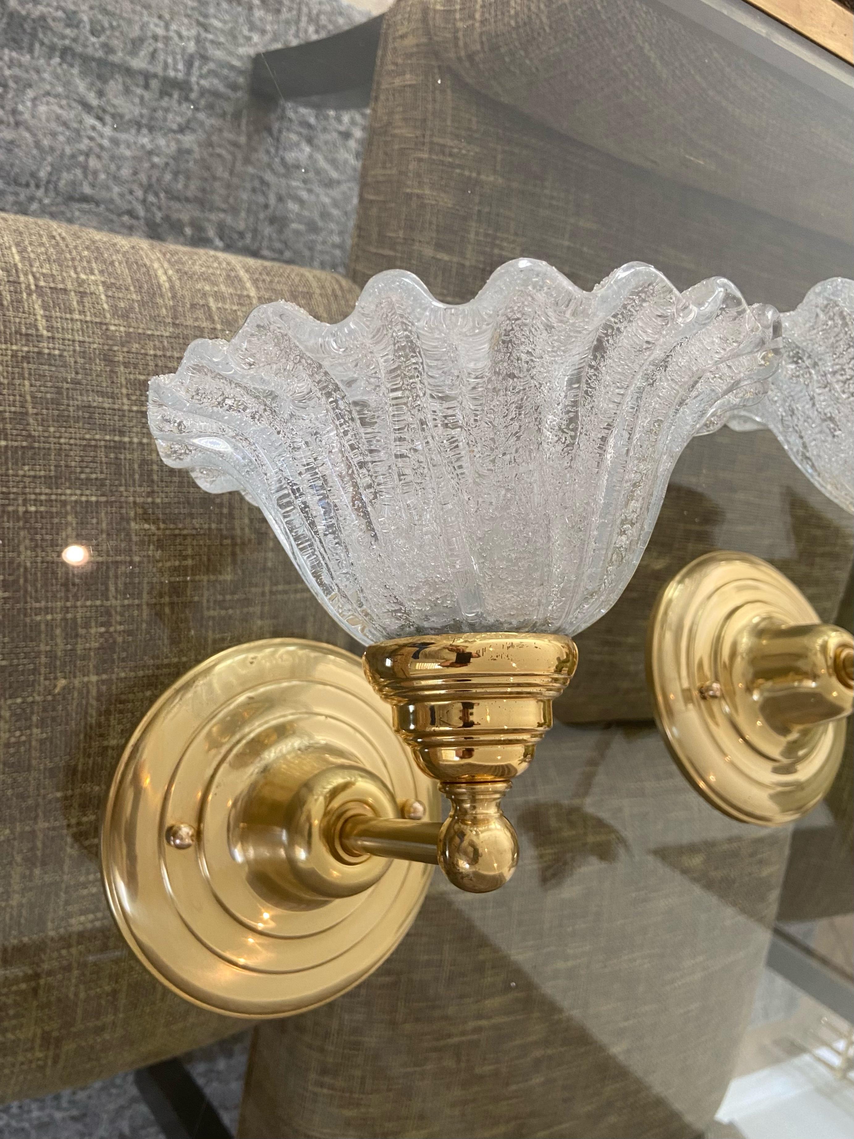 Pair of Murano Glass Clear Textured Brass Wall Sconces 3