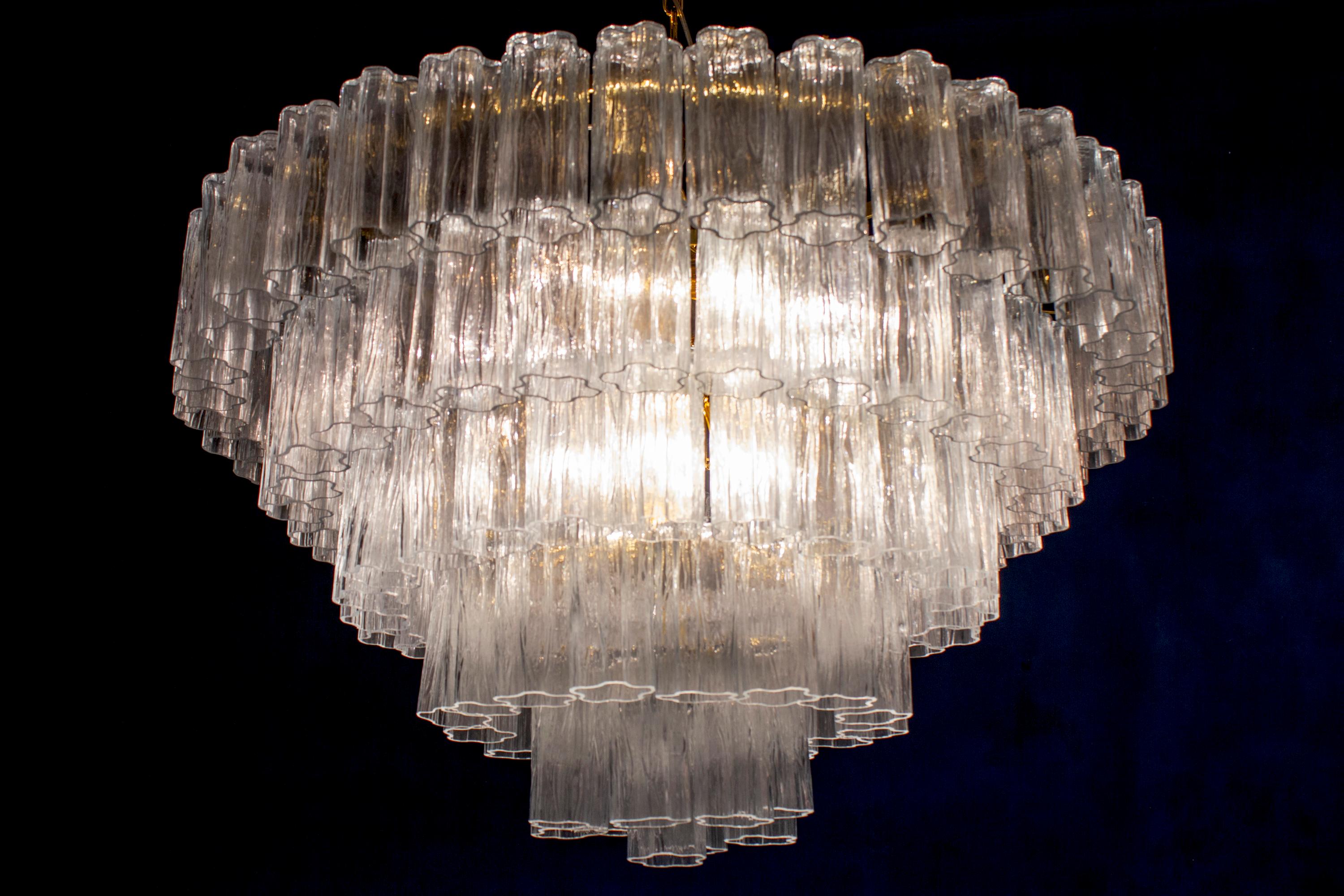 Pair of Murano Glass Clear Tronchi Chandeliers 1