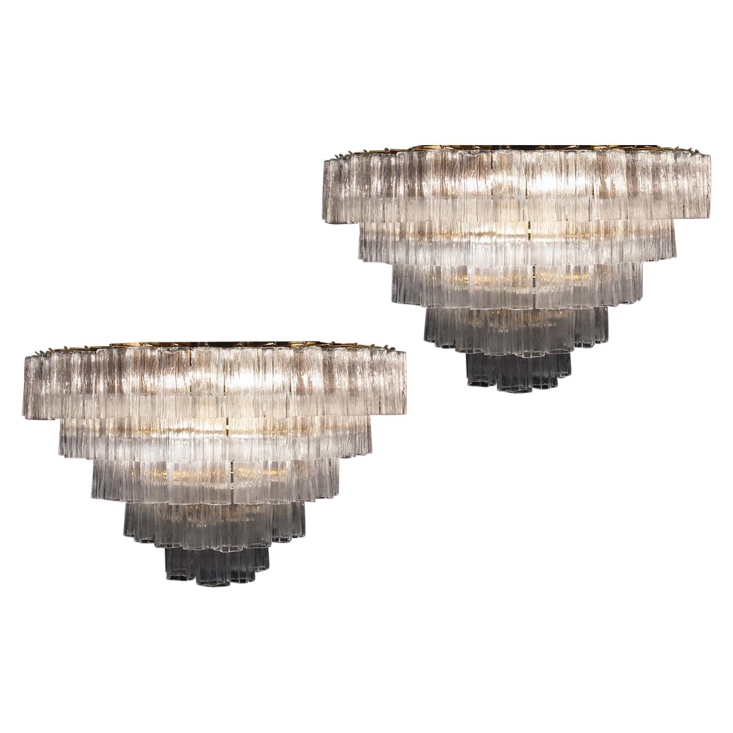 Pair of Murano Glass Clear Tronchi Chandeliers For Sale