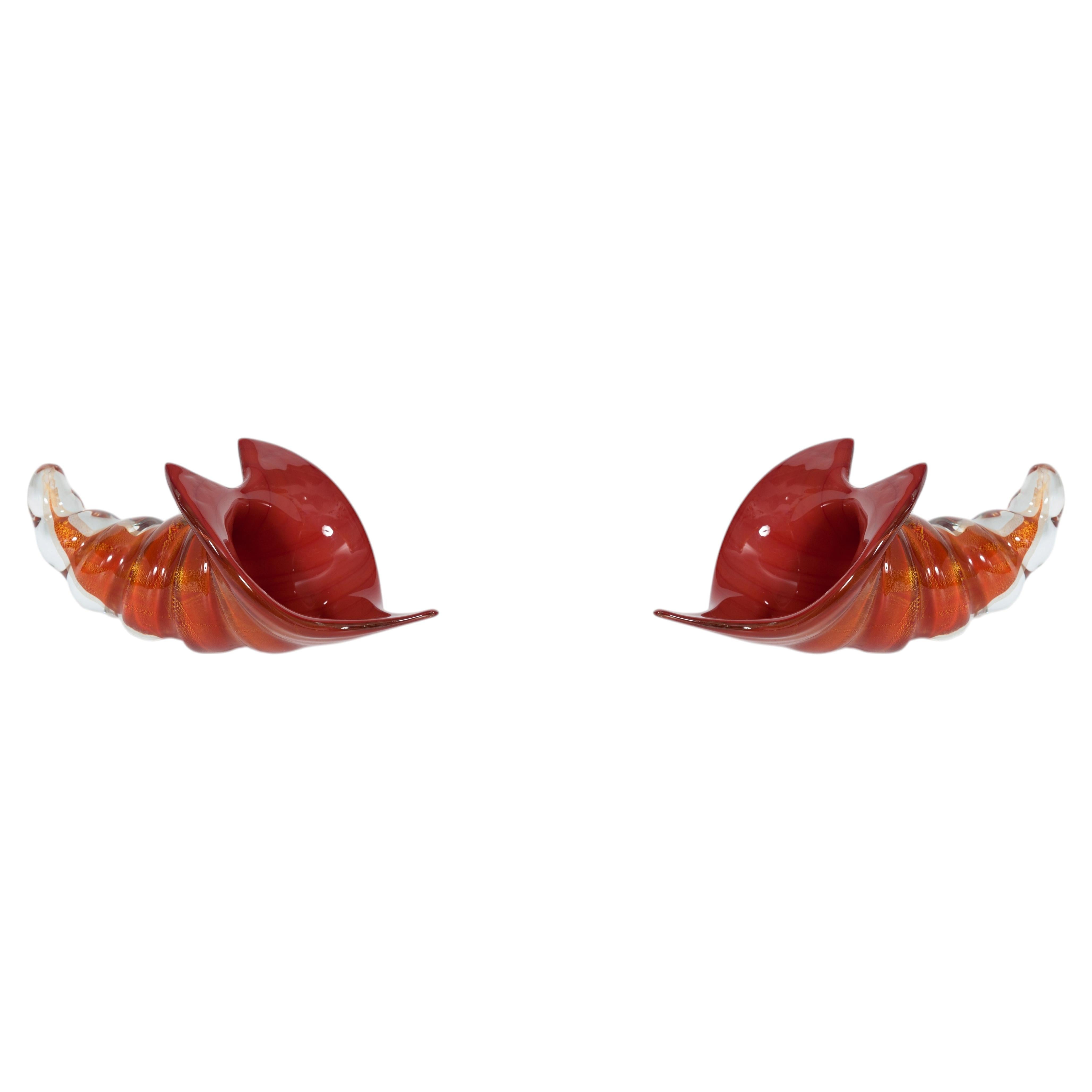 Pair of Murano Glass Cornucopia Bowls with Gold Leaf by Giovanni Dalla Fina For Sale