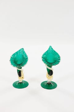 Pareja de jarrones Cornucopia Delfín de cristal de Murano con aventurina dorada, años 90