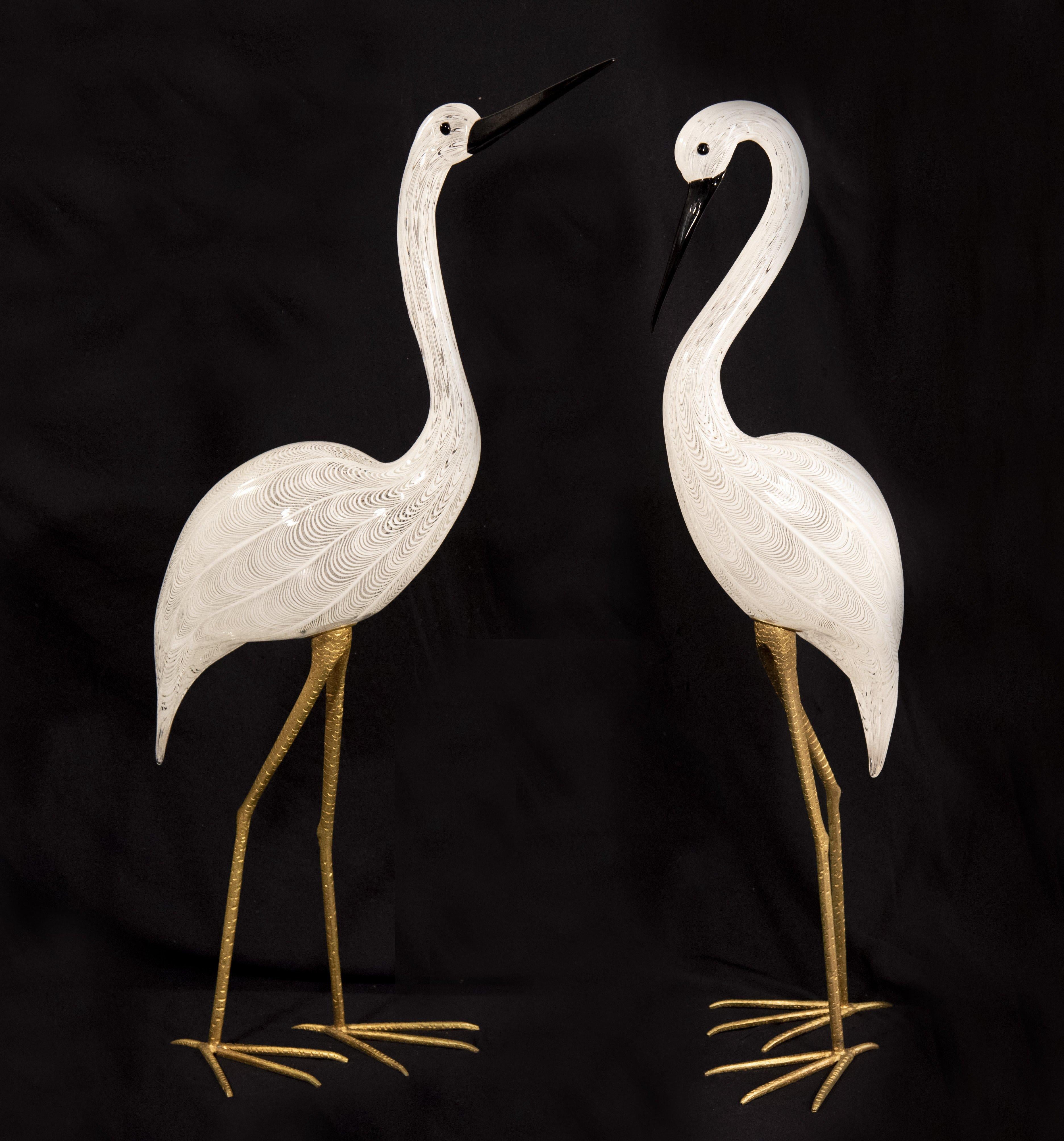 Bronze Pair of Murano Glass Cranes