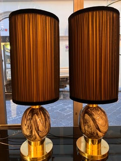 Pair of Murano Glass Egg-Shaped Marble Effect Table Lamps with Lampshades 1970
