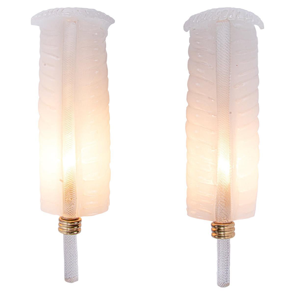 Pair of Murano Glass "Feather" Sconces by Tomaso Buzzi for Venini Italy, 1930s