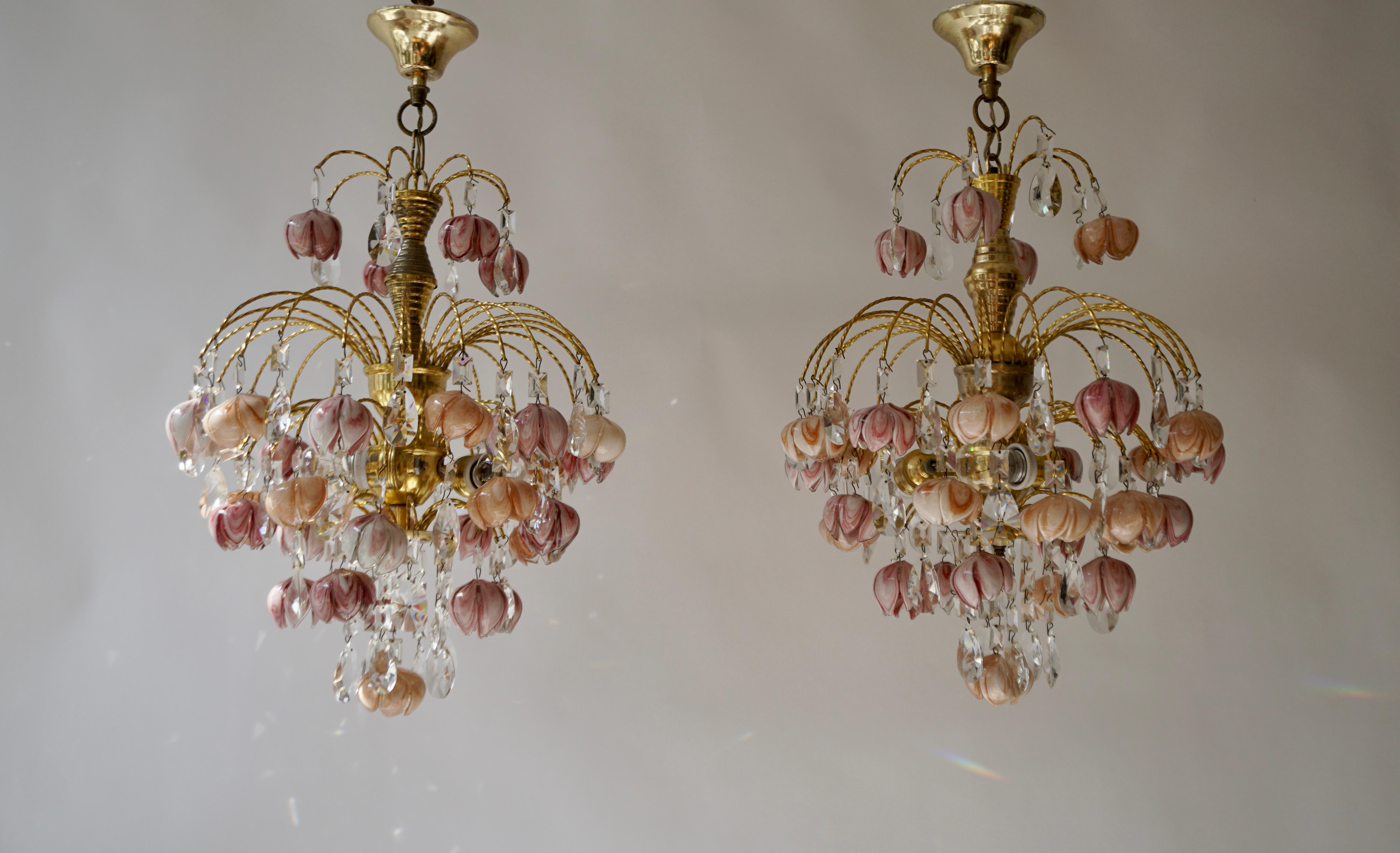 Brass Pair of Murano Glass Floral Chandeliers, Italy, 1970s For Sale