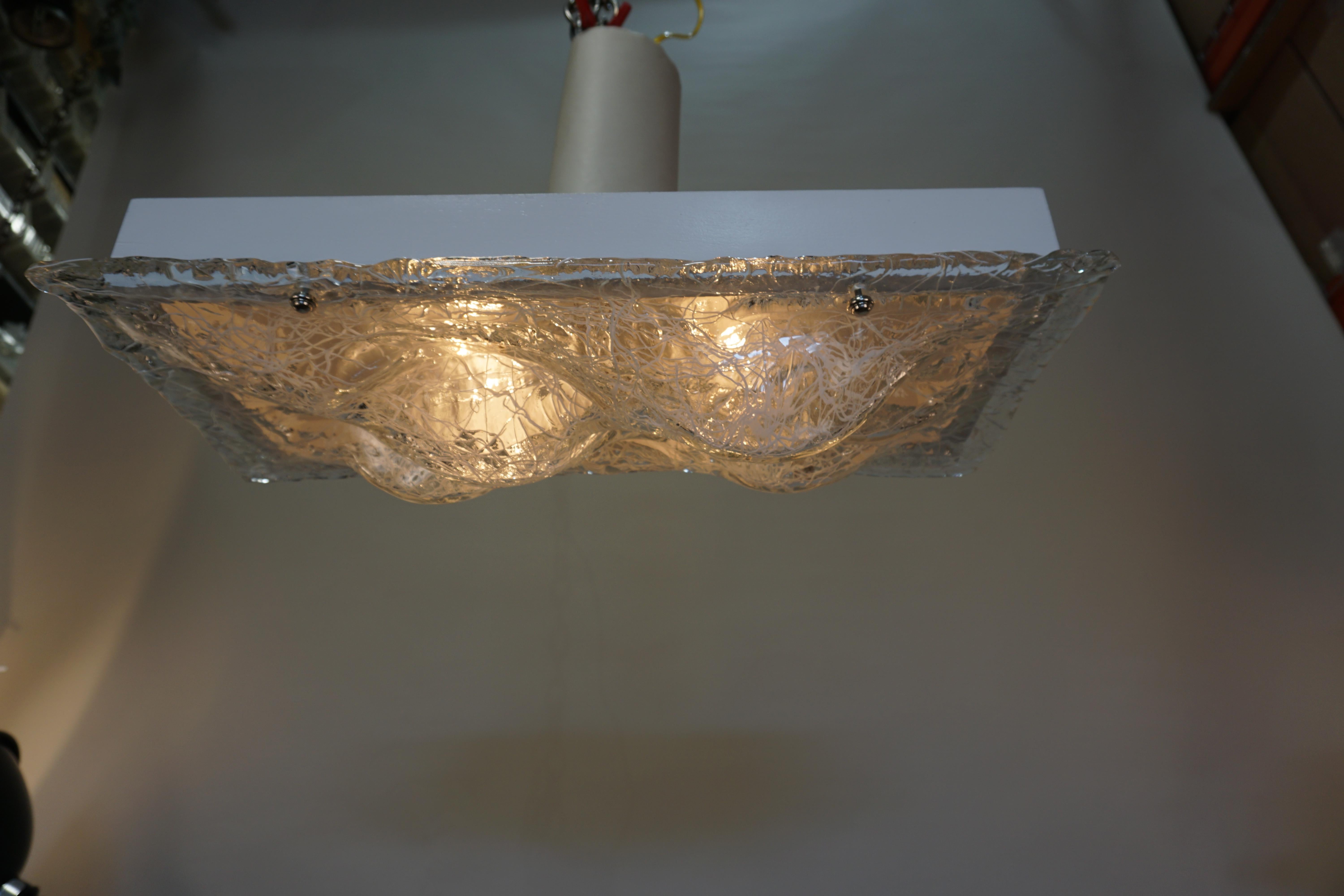 Pair of blown glass Murano glass flush mount light fixture with customized housing.