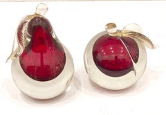 Pair of Murano Glass Fruit Bookends by Barbini Cranberry & Gold Gliter Combo