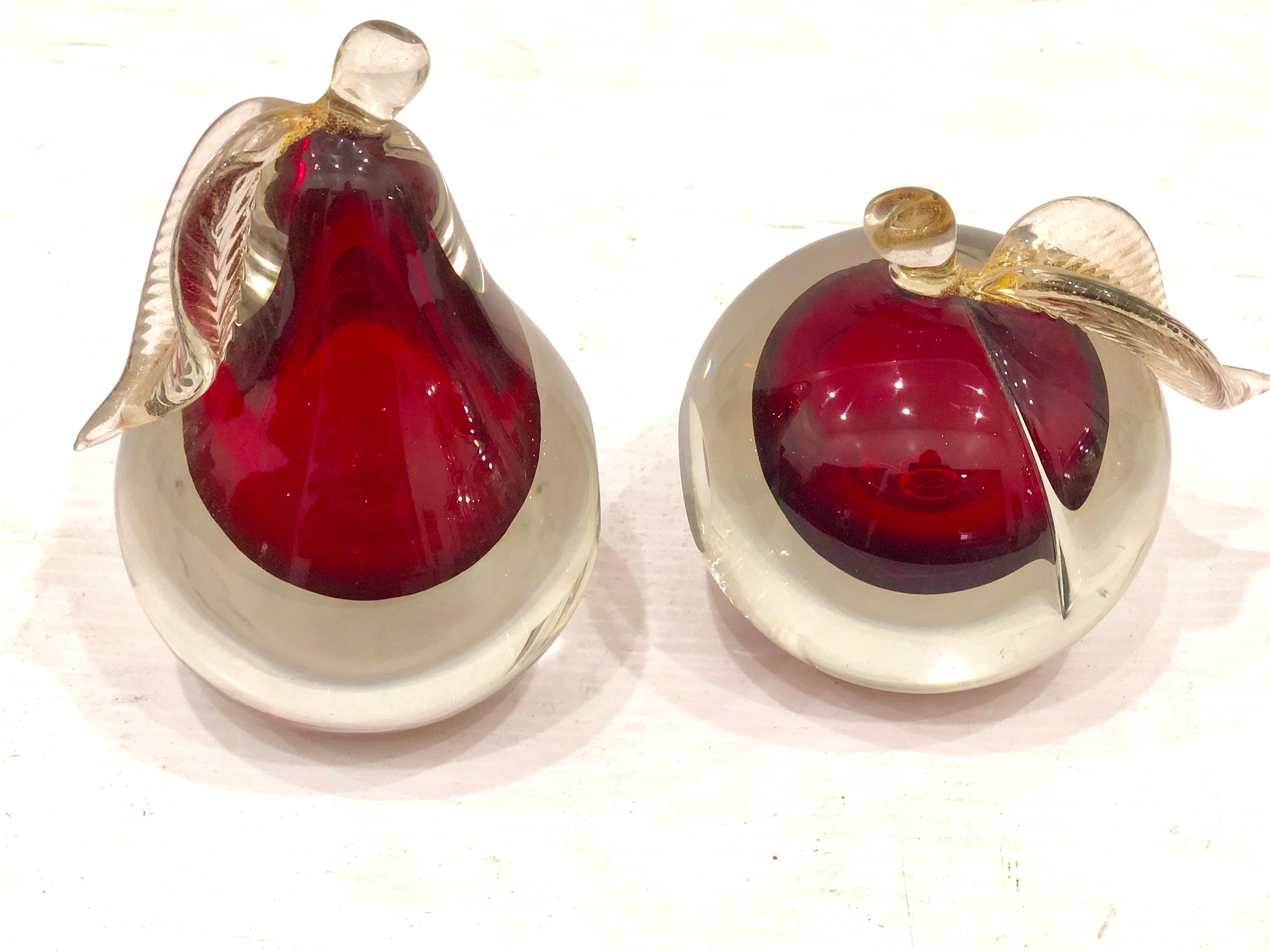 Hollywood Regency Pair of Murano Glass Fruit Bookends by Barbini Cranberry & Gold Gliter Combo