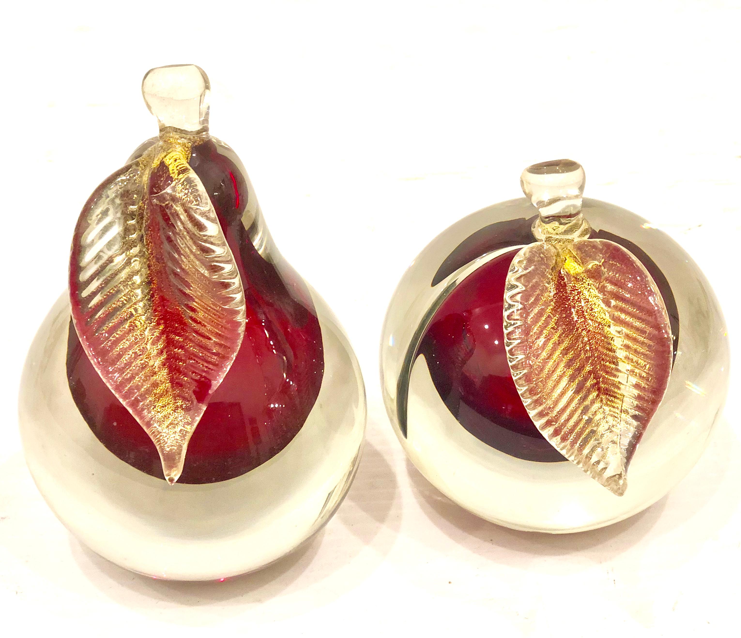 Pair of Murano Glass Fruit Bookends by Barbini Cranberry & Gold Gliter Combo In Excellent Condition In San Diego, CA