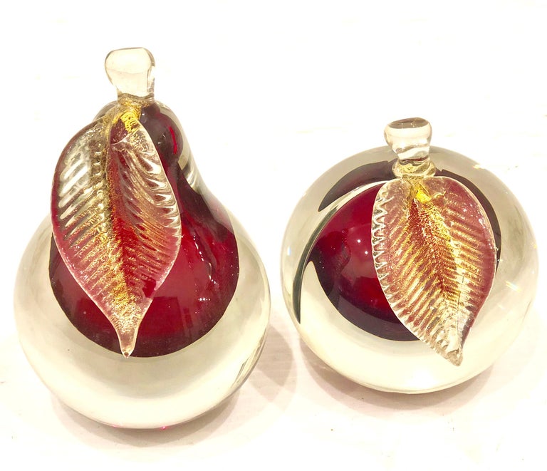 Pair of Murano Glass Fruit Bookends by Barbini Cranberry and Gold Gliter Combo at 1stDibs