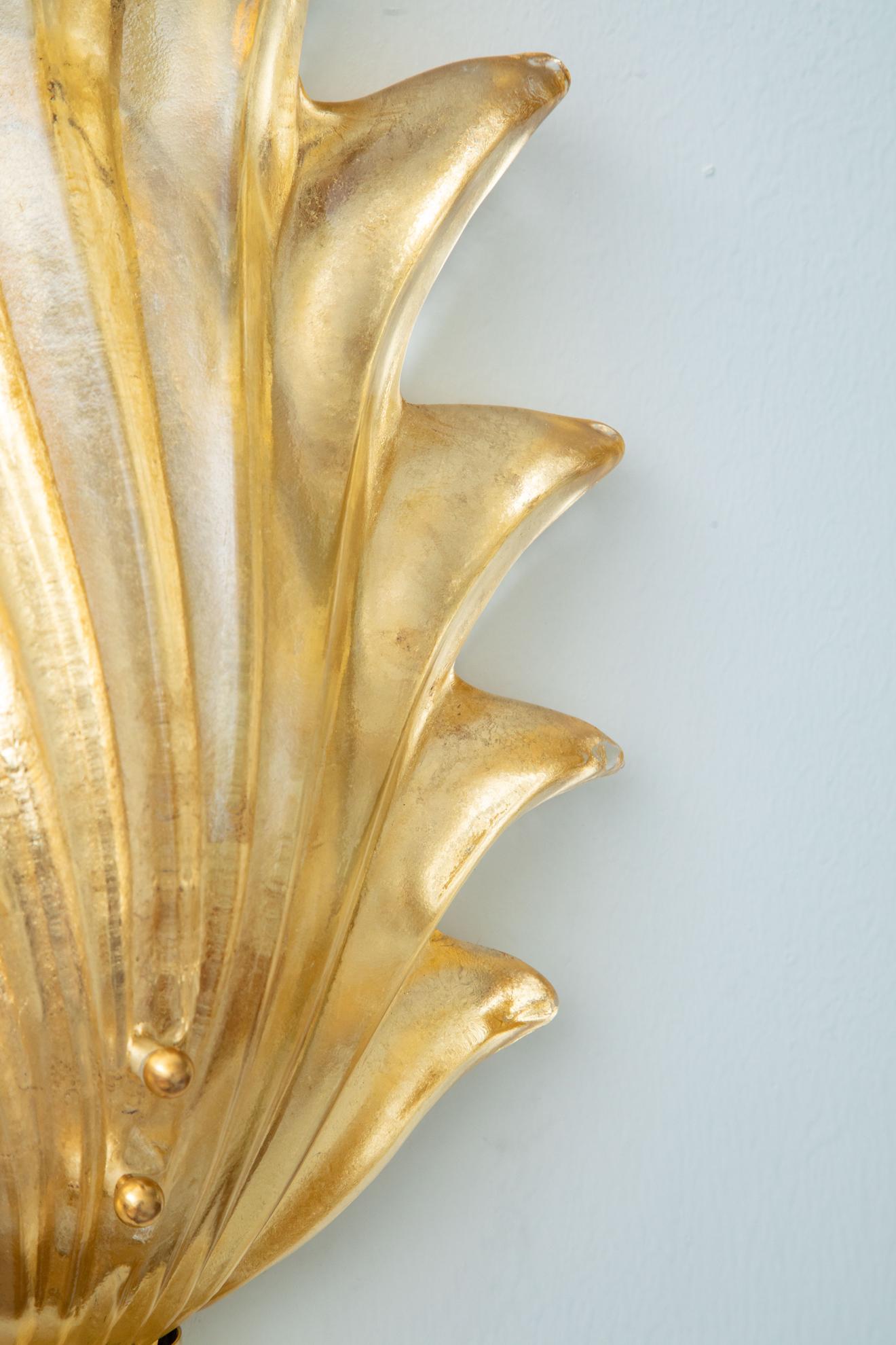 Mid-Century Modern Pair of Murano Glass Gilded and Brass Leaf Wall Lights, in Stock For Sale
