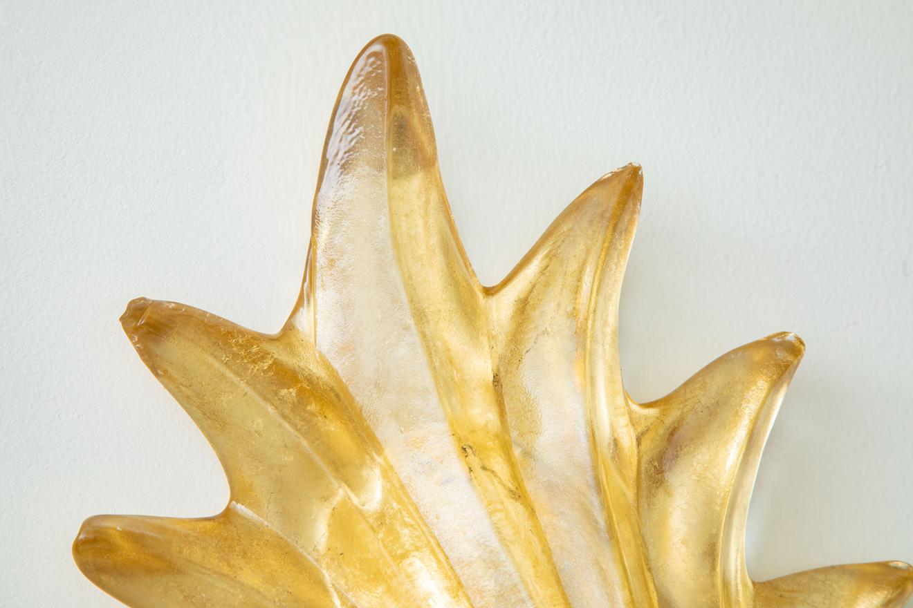 Italian Pair of Murano Glass Gilded and Brass Leaf Wall Lights, in Stock For Sale