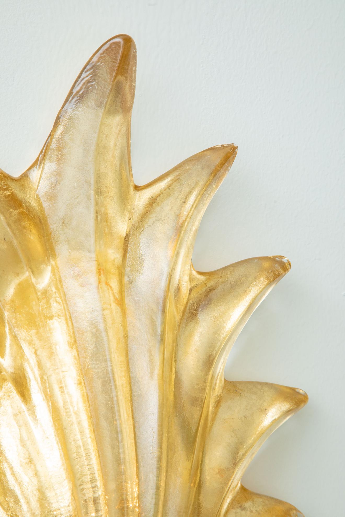 Pair of Murano Glass Gilded and Brass Leaf Wall Lights, in Stock For Sale 1