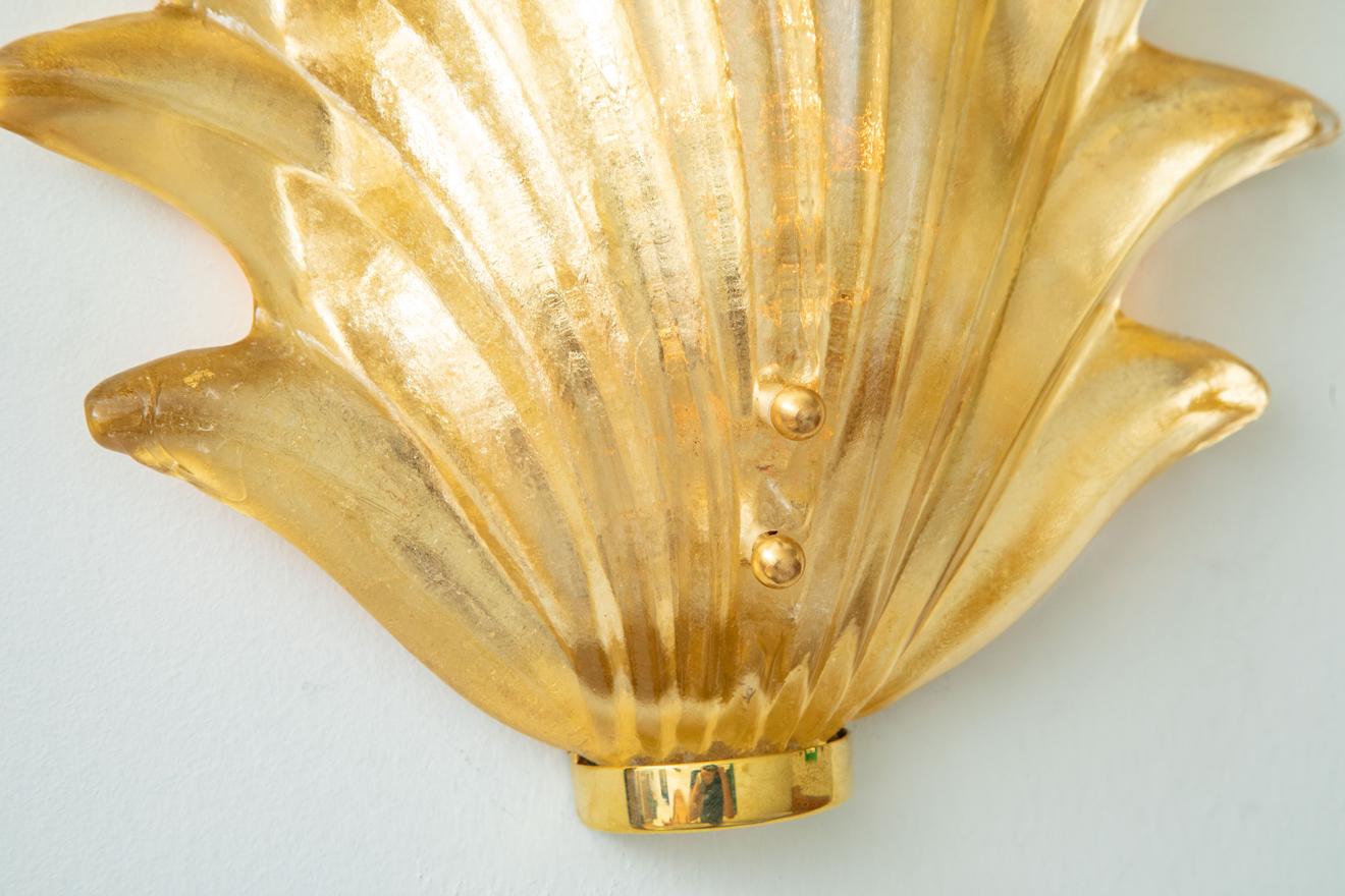 Pair of Murano Glass Gilded and Brass Leaf Wall Lights, in Stock For Sale 2