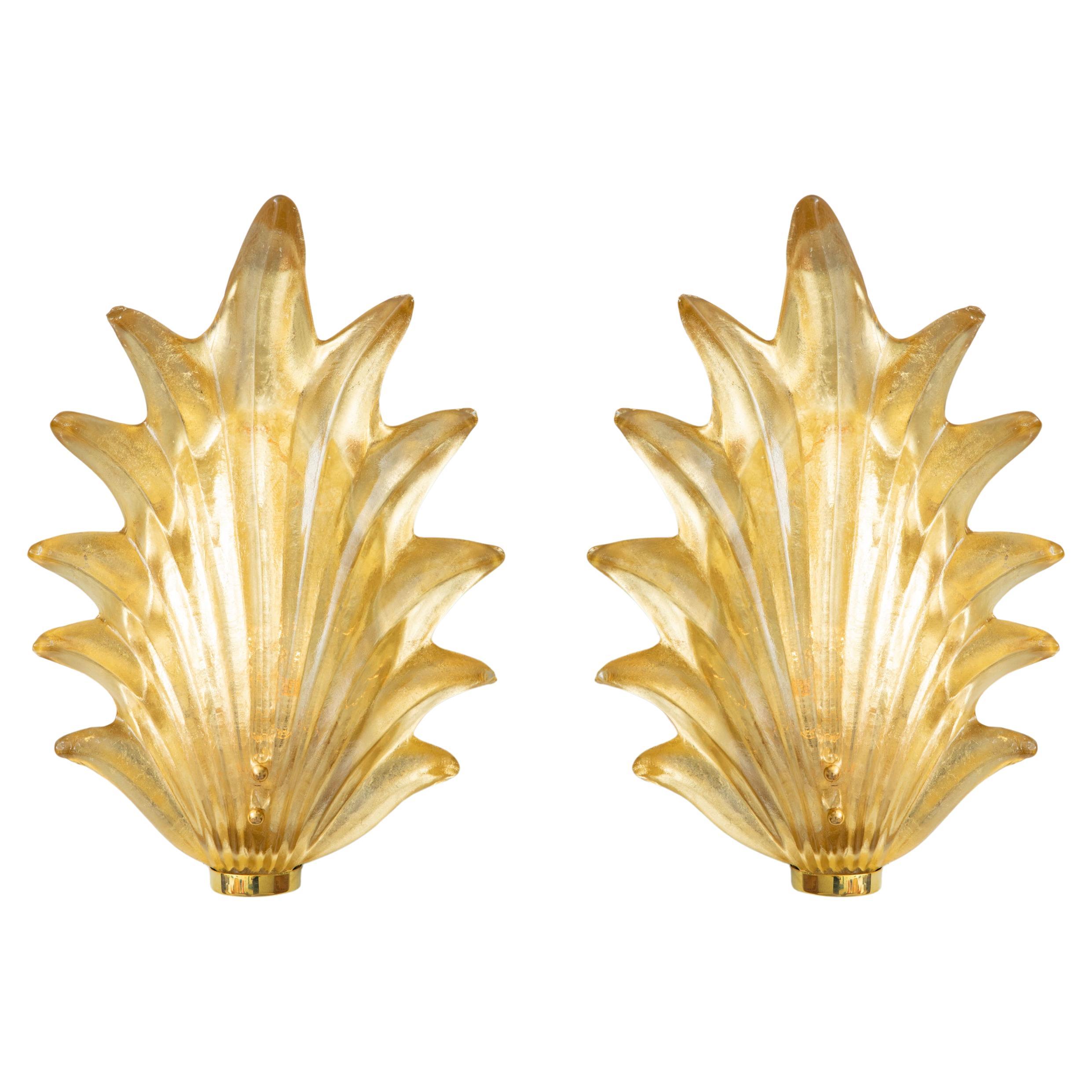 Pair of Murano Glass Gilded and Brass Leaf Wall Lights, in Stock For Sale