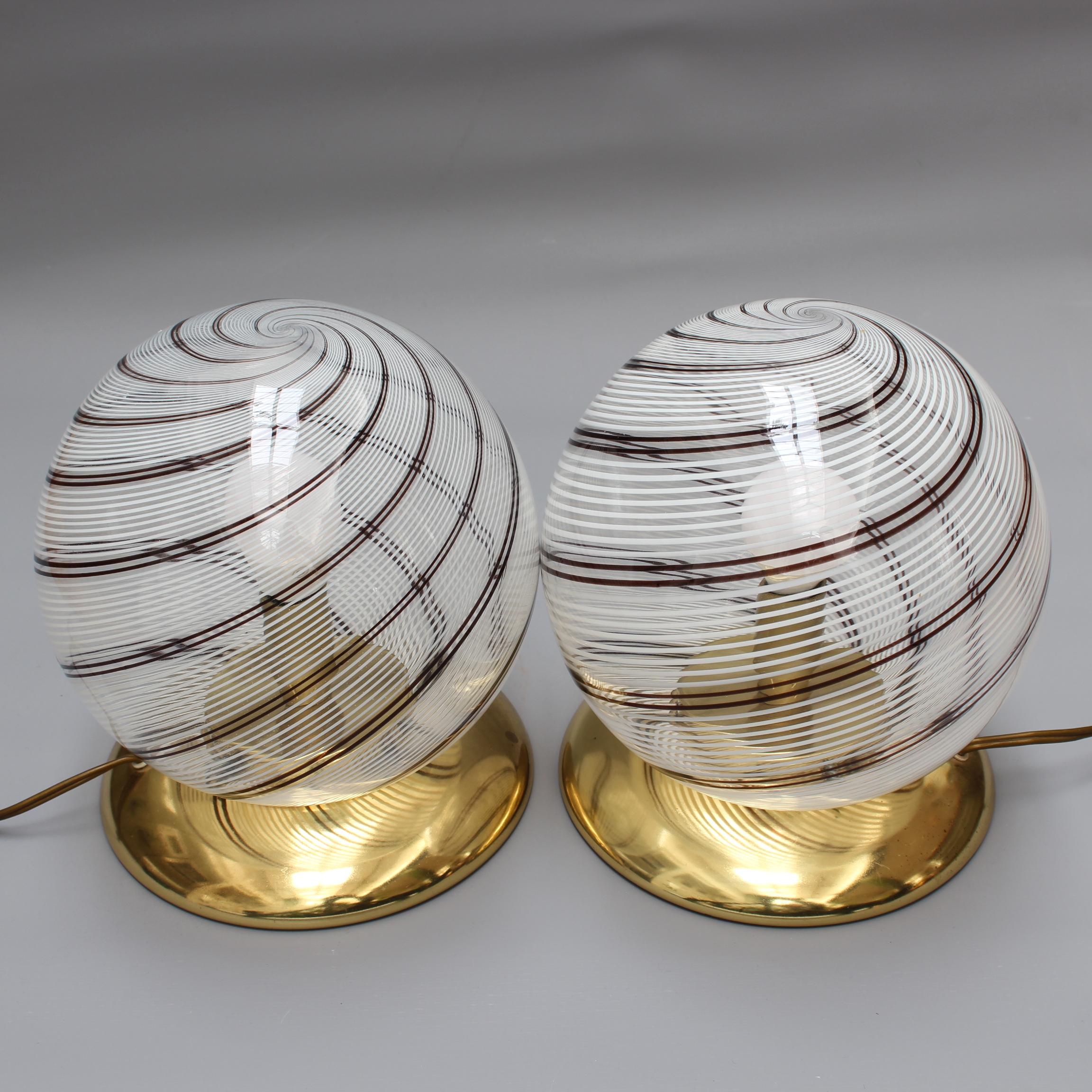 Brass Pair of Murano Glass Globe Table Lamps 'circa 1970s' For Sale