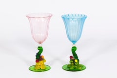 Pair of Murano Glass Gold Aventurine Fruit Motif Goblets, Italy, 1980s