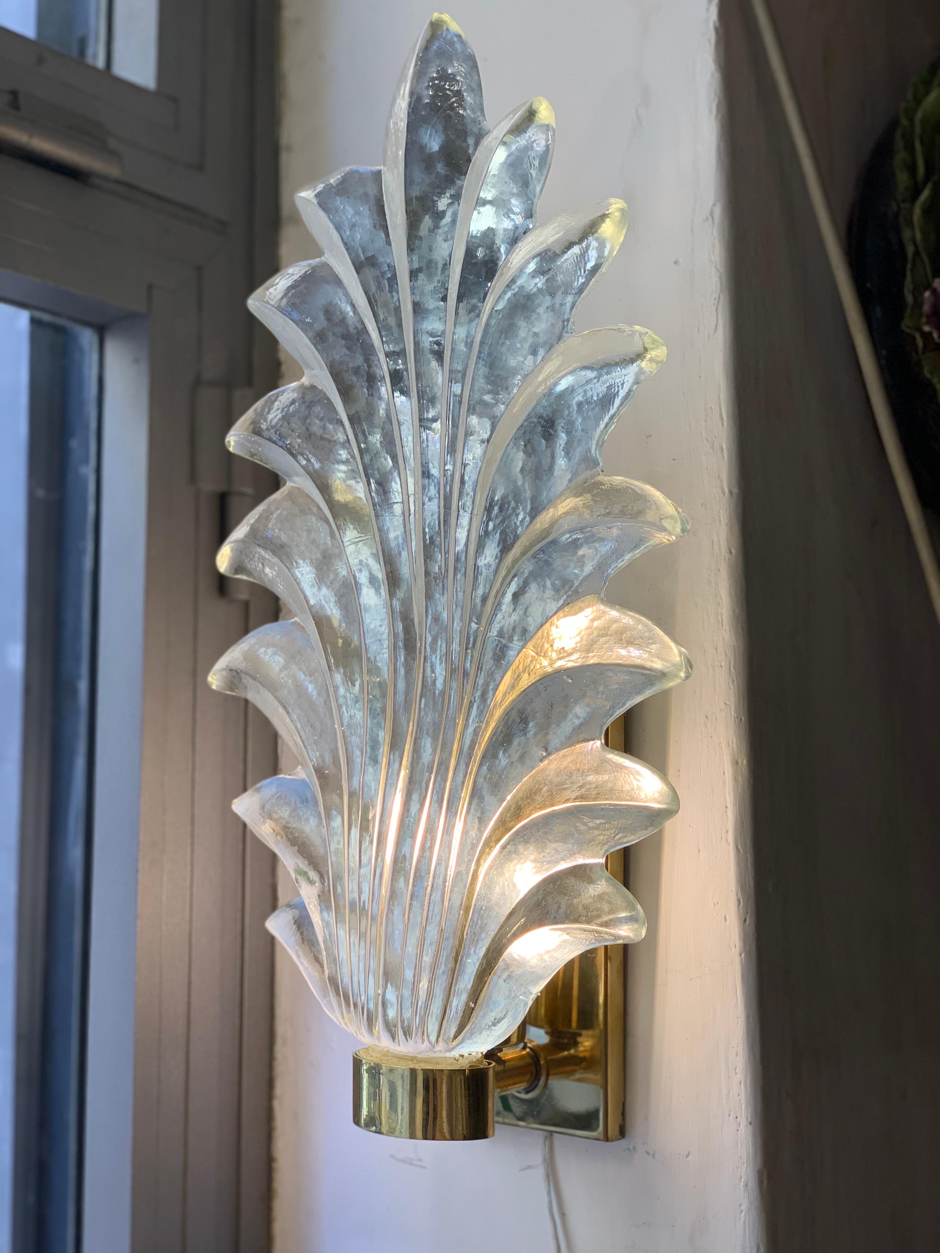 Italian Pair of Clear Murano Glass  Leaf Sconces, 1940s For Sale