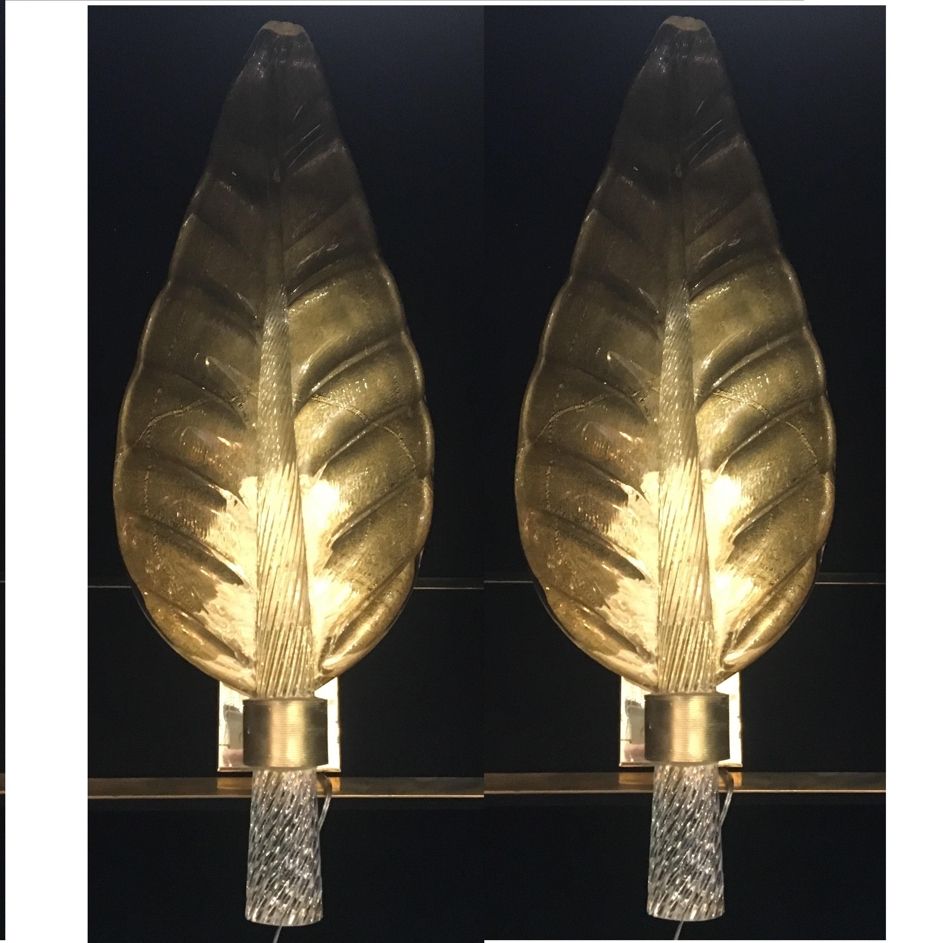 Brass Pair of Murano Glass Gold Leaf Sconces, 1940s