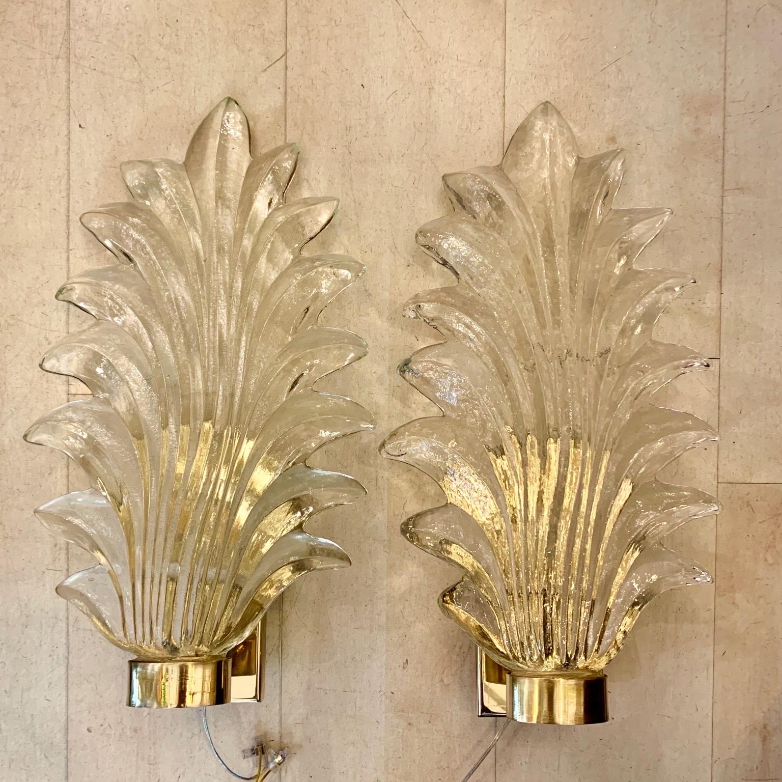 Brass Pair of Clear Murano Glass  Leaf Sconces, 1940s For Sale