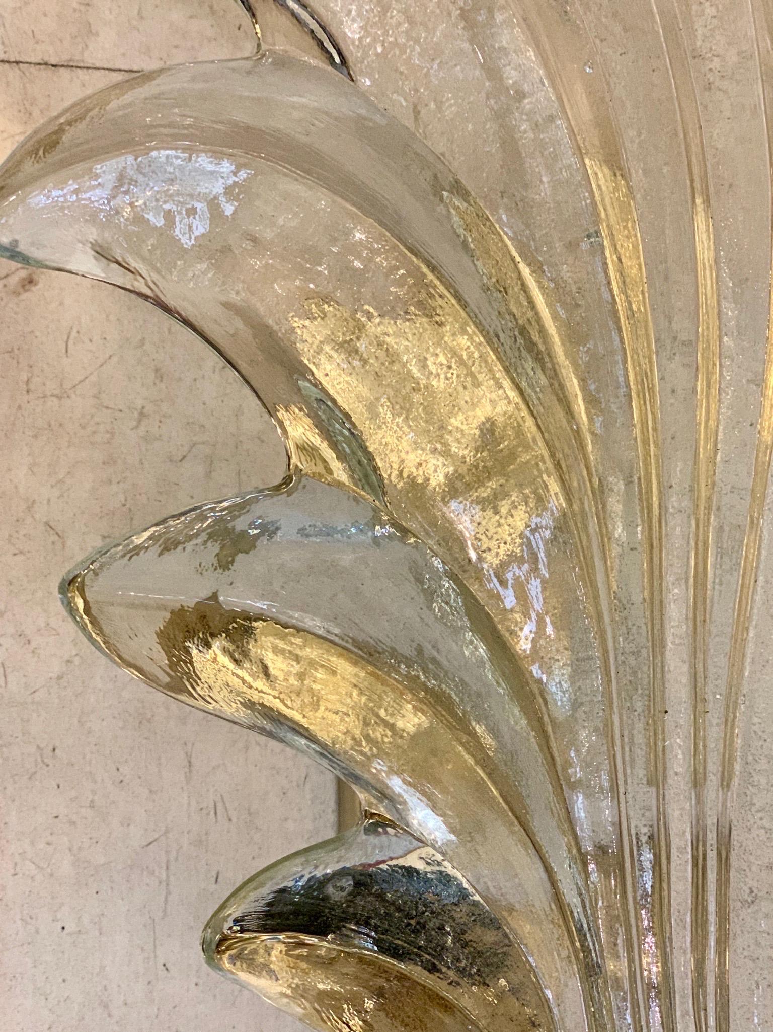 Coppia di lampade a foglia in vetro di Murano trasparente tardo Art Déco, anni '40 in vendita 3