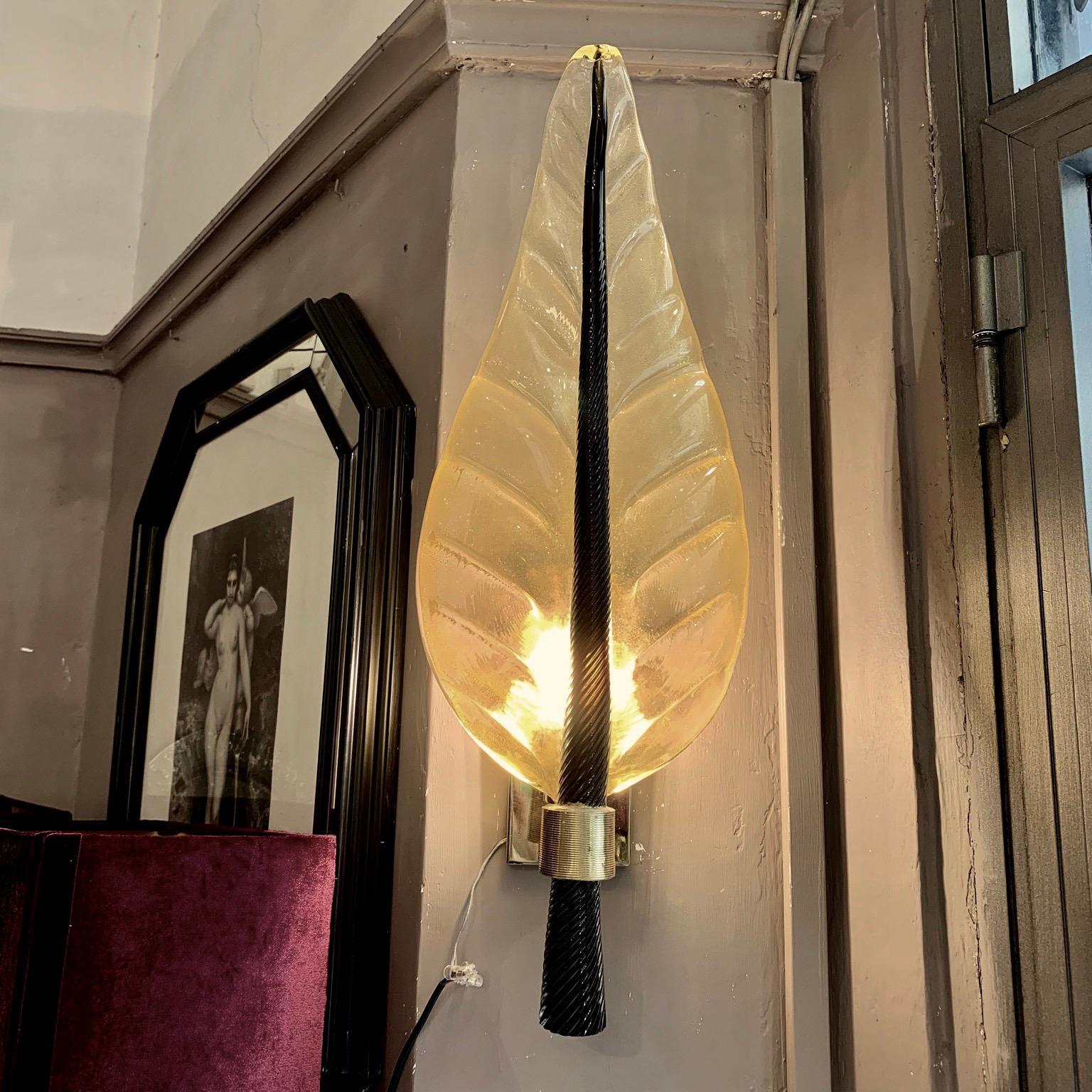 Pair of Murano Glass Gold Leaf Sconces with Black Torchon Glass Leaf Stem, 1940s 9