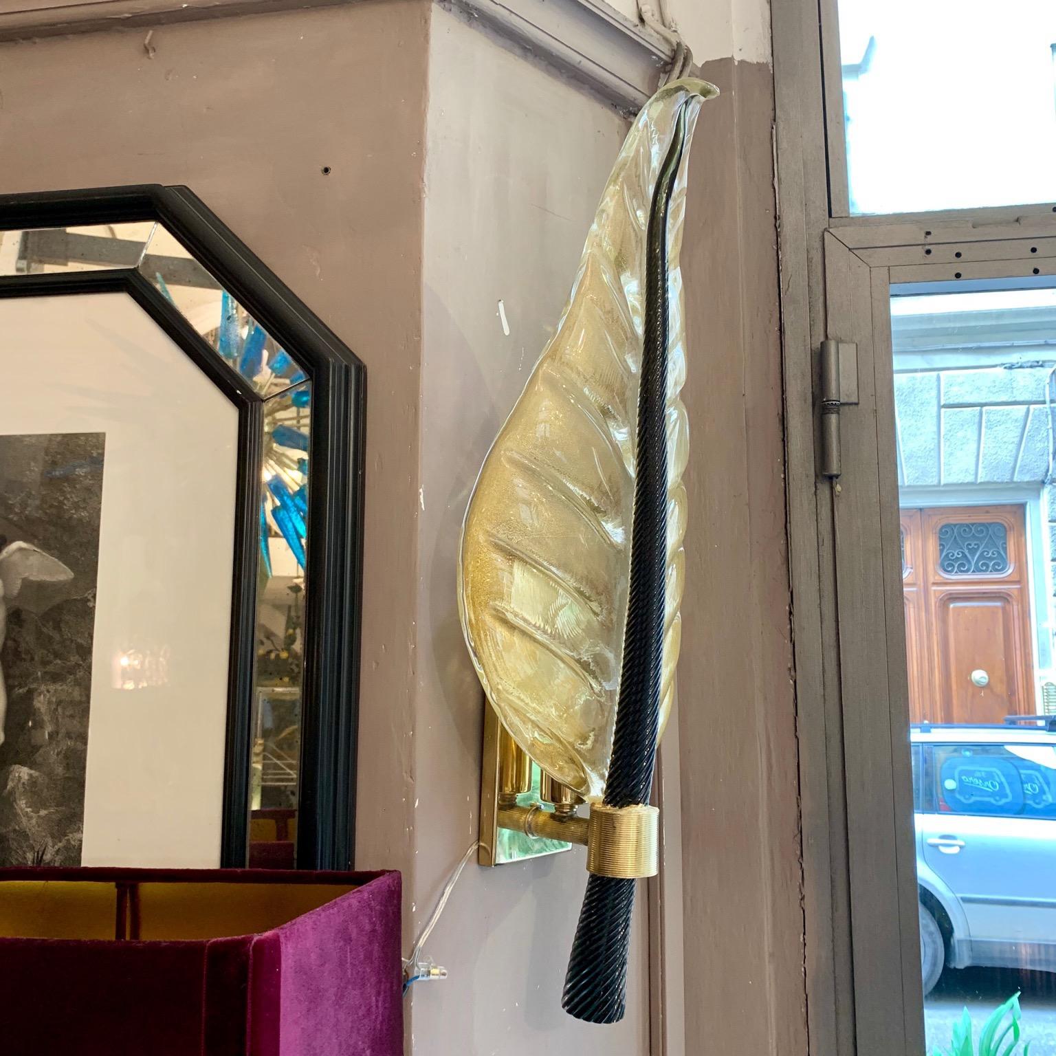 Brass Pair of Murano Glass Gold Leaf Sconces with Black Torchon Glass Leaf Stem, 1940s