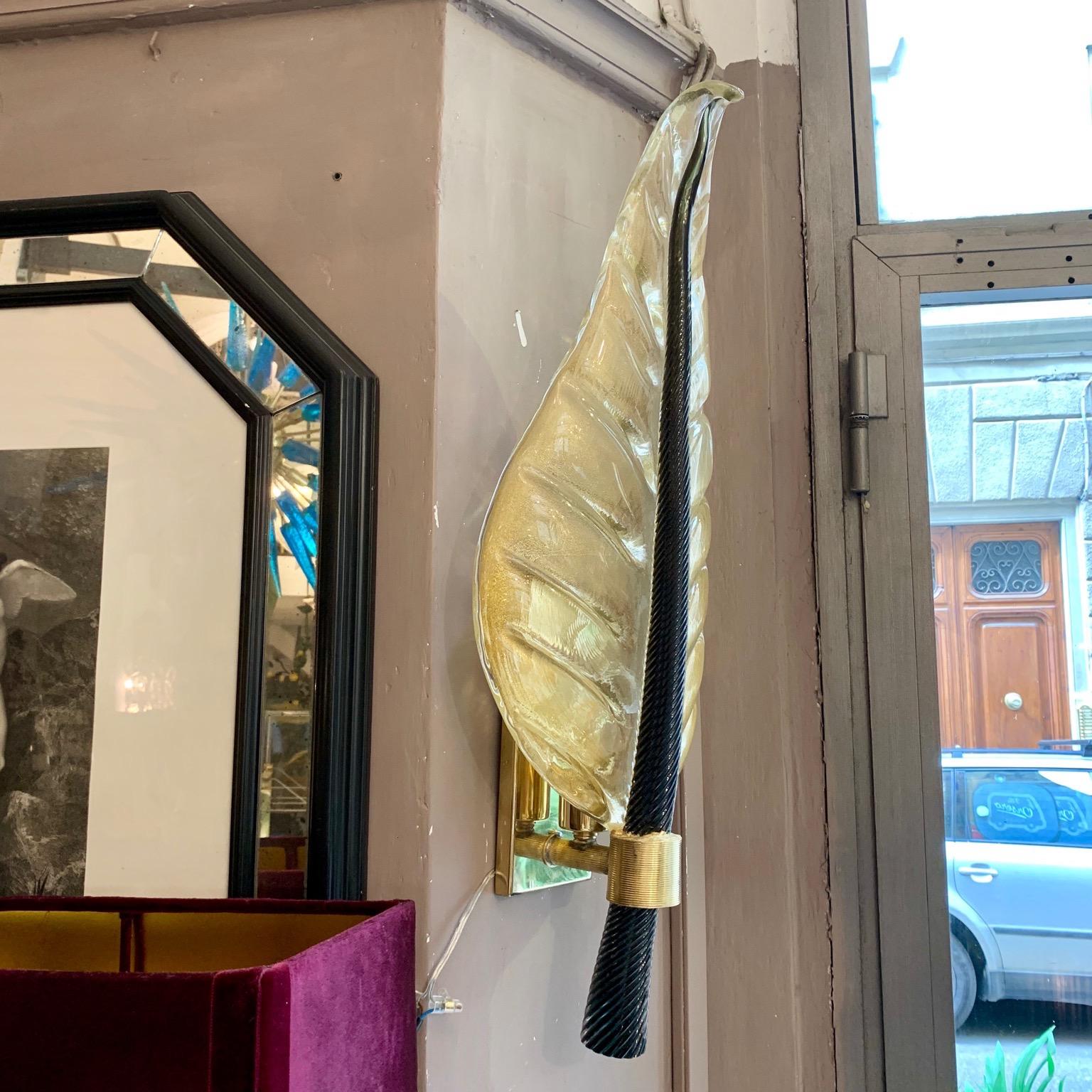Pair of Murano Glass Gold Leaf Sconces with Black Torchon Glass Leaf Stem, 1940s 1