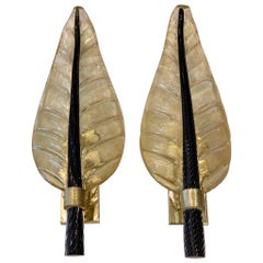 Pair of Murano Glass Gold Leaf Sconces with Black Torchon Glass Leaf Stem, 1940s