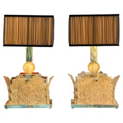 Vintage Pair of Murano Glass Gold Leaves Table Lamps with our Handsewn Lampshades, 1940
