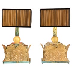 Pair of Murano Glass Gold Leaves Table Lamps with our Handsewn Lampshades, 1940