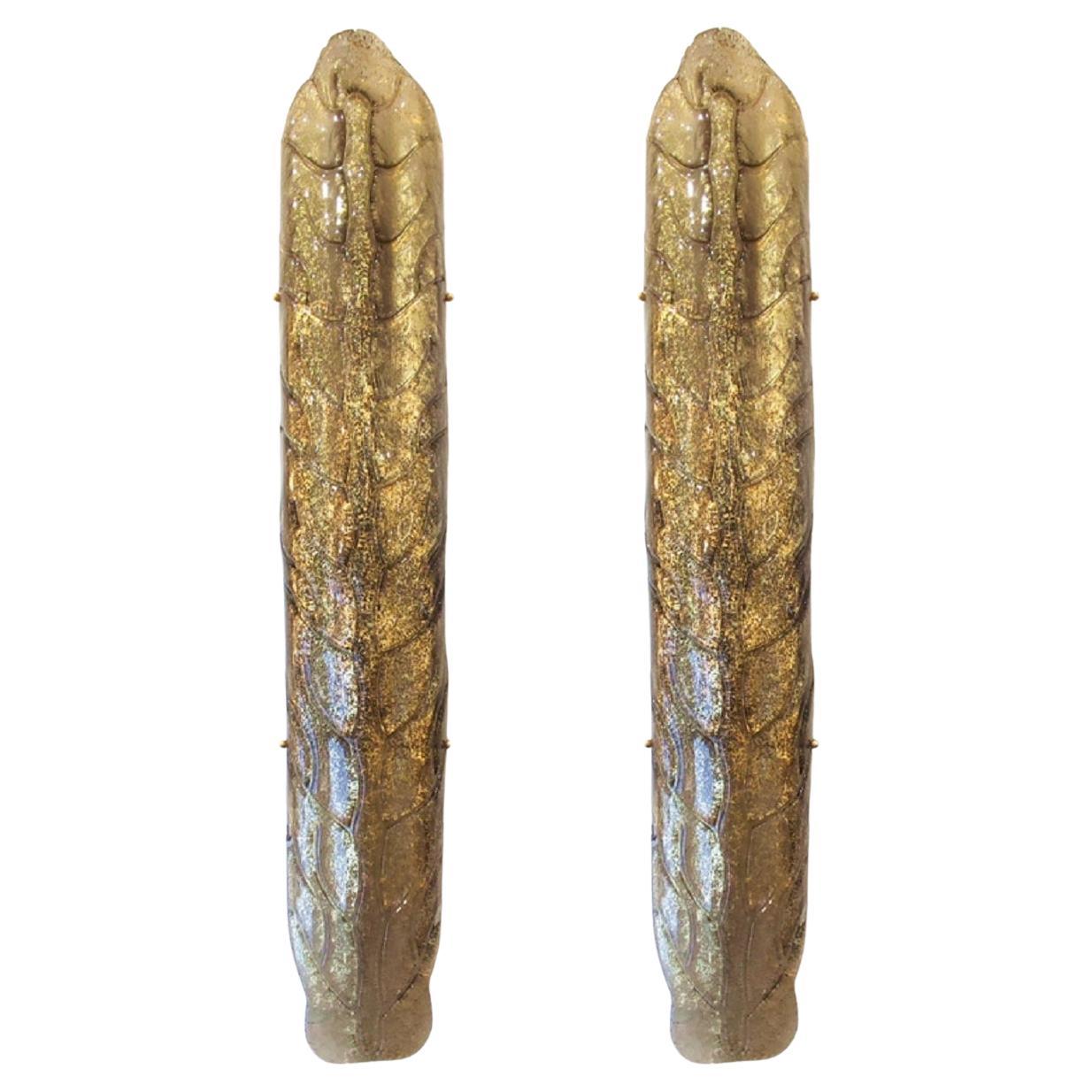 Pair of Murano Glass Gold Leaves Wall Sconces For Sale