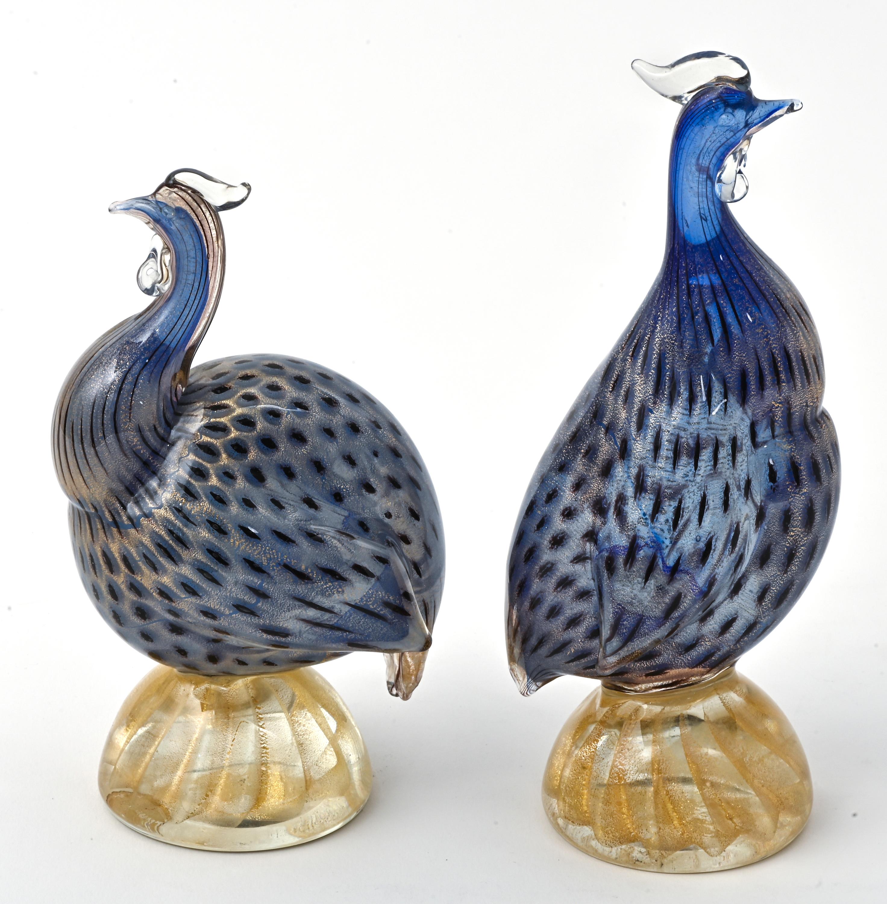 Hand-Crafted Murano Glass Guinea Hen Birds, Pair For Sale