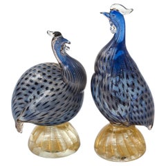 Murano Glass Guinea Hen Birds, Pair