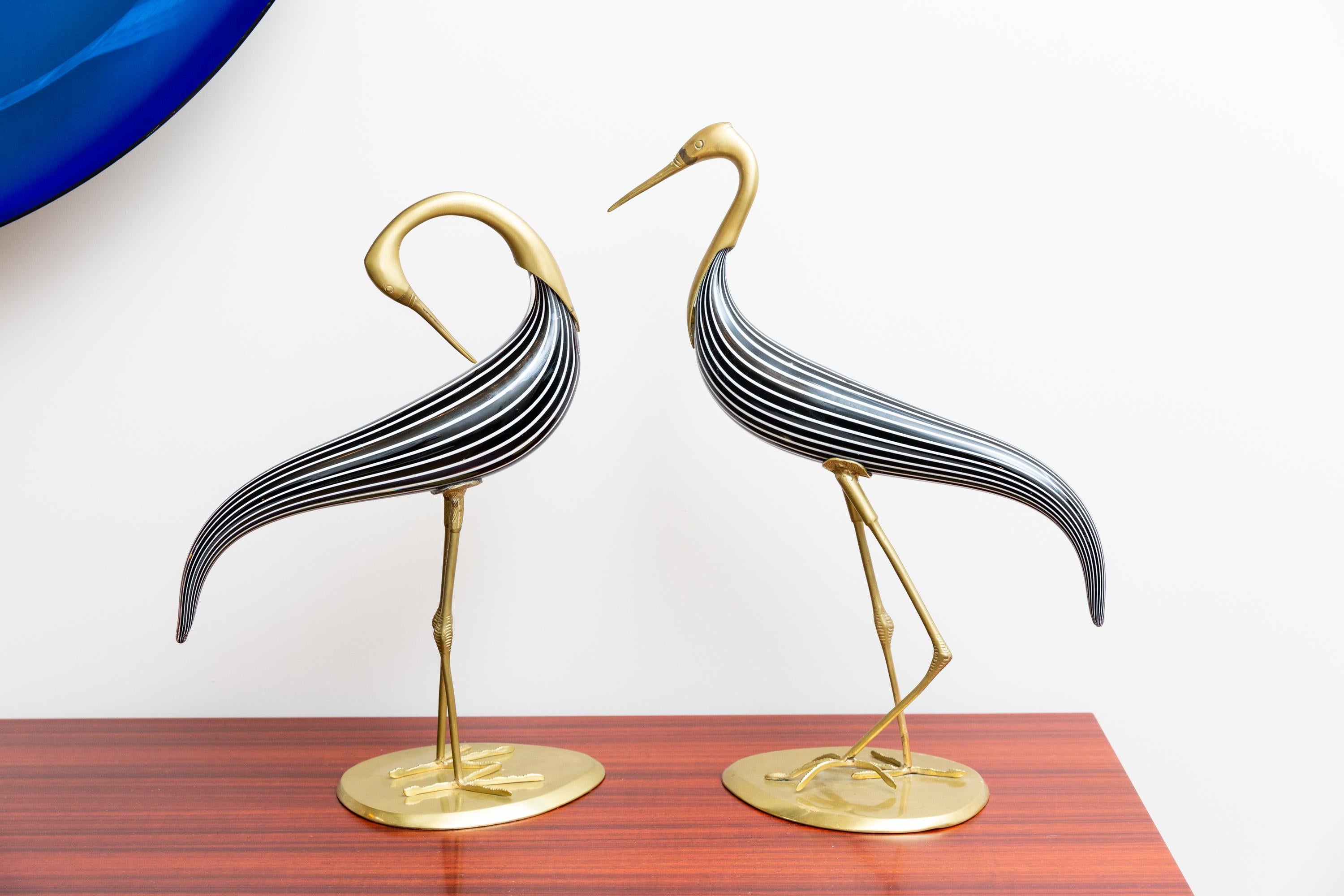 An elegant pair of Herons / Aironi, Murano glass, brass, Italy circa 1970. Solid Murano glass body blown with black and white stripes, mounted on solid brass feet, brass stand, brass head.
Very good condition. Small patination on the brass. Heavy