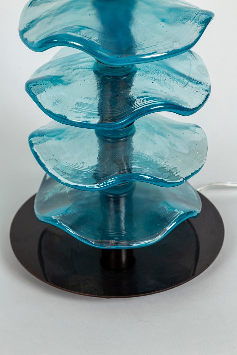 Italian Pair Of Murano Glass Iridescent Aquamarine Petal Lamps, Contemporary For Sale