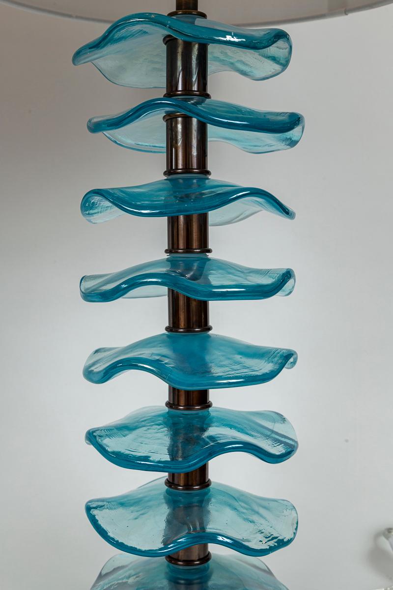 Pair Of Murano Glass Iridescent Aquamarine Petal Lamps, Contemporary In Excellent Condition For Sale In Westport, CT