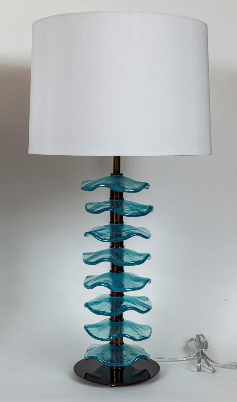 Pair Of Murano Glass Iridescent Aquamarine Petal Lamps, Contemporary For Sale 1