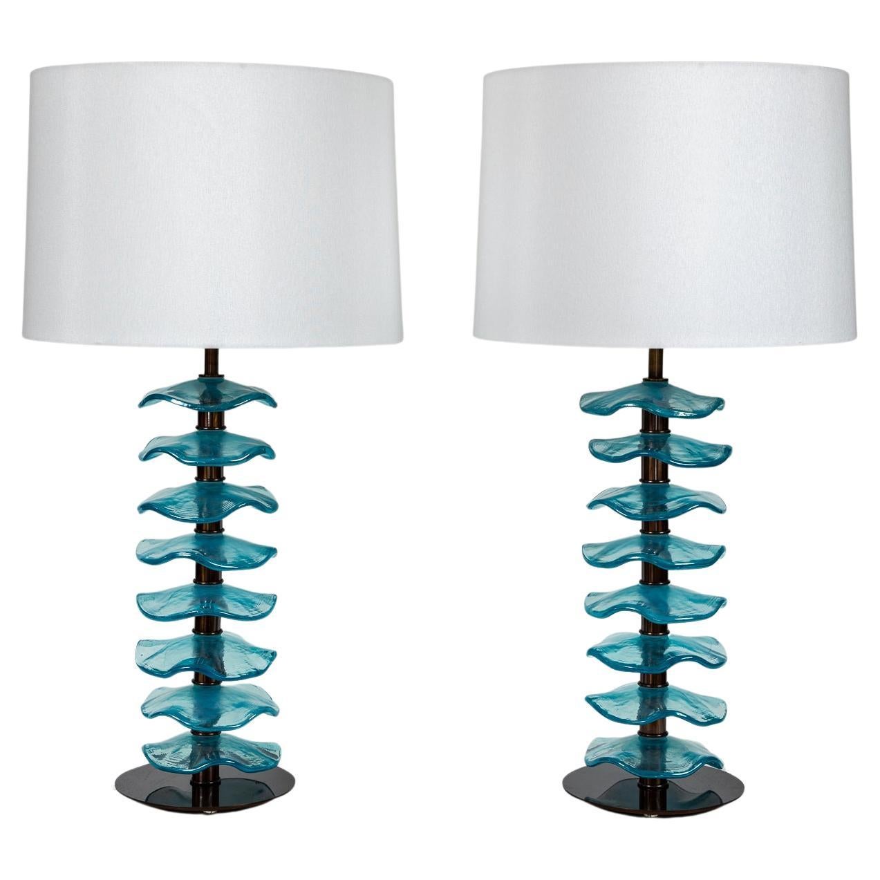 Pair Of Murano Glass Iridescent Aquamarine Petal Lamps, Contemporary
