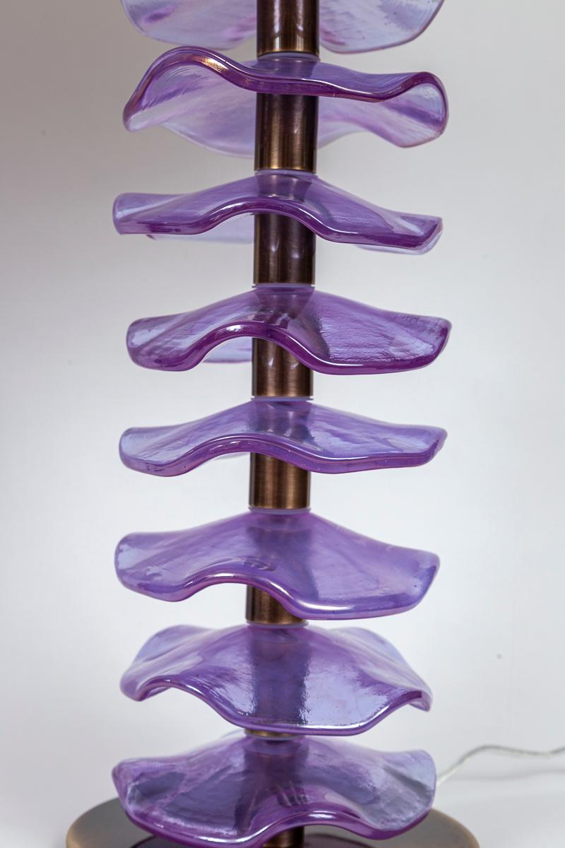 Organic Modern Pair Of Murano Glass Iridescent Lavender Petal Lamps, Contemporary For Sale