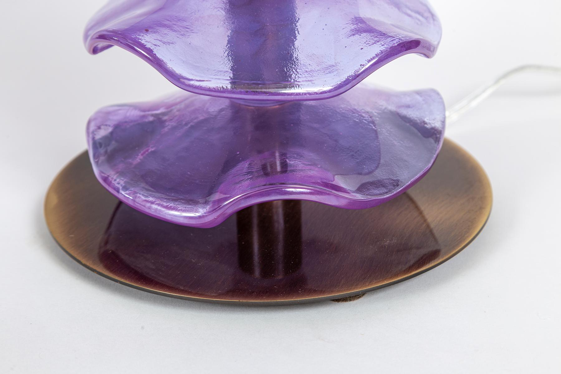 Italian Pair Of Murano Glass Iridescent Lavender Petal Lamps, Contemporary For Sale