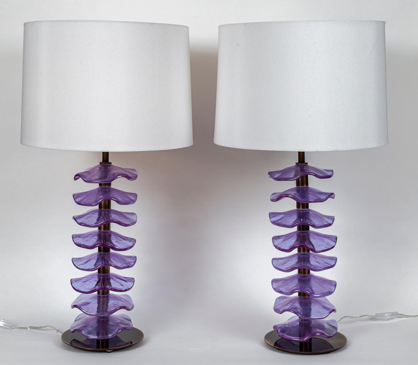 Blown Glass Pair Of Murano Glass Iridescent Lavender Petal Lamps, Contemporary For Sale