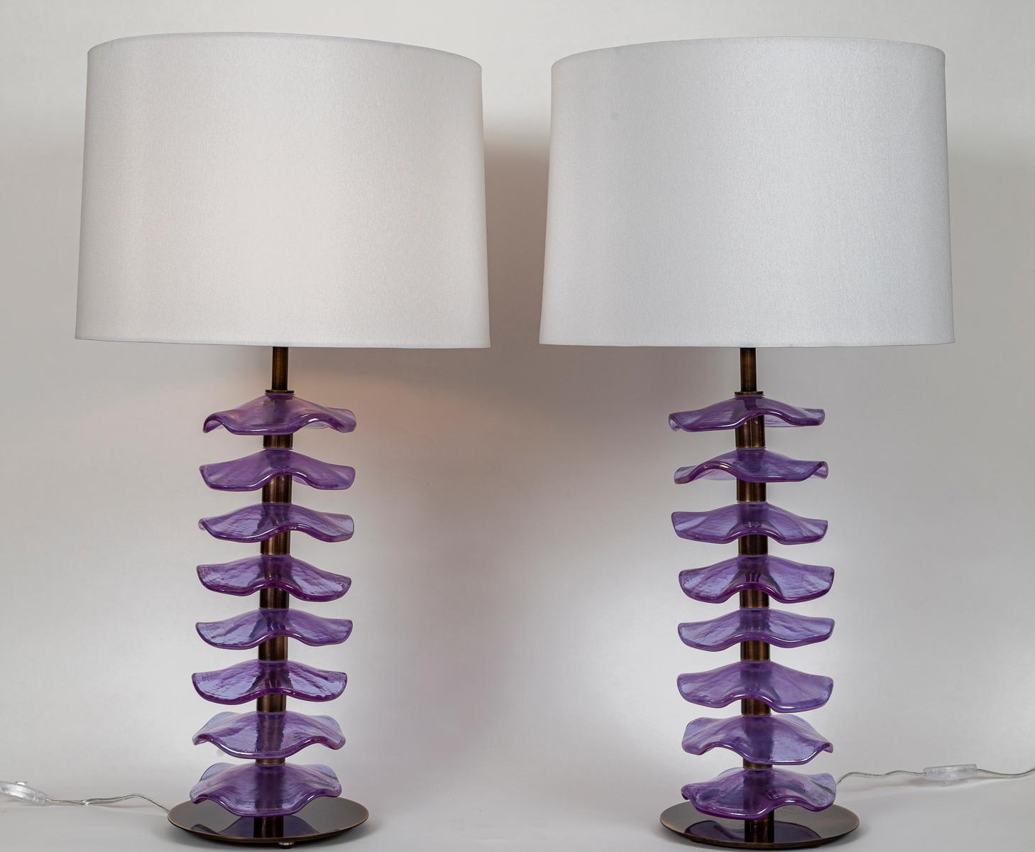 Pair Of Murano Glass Iridescent Lavender Petal Lamps, Contemporary For Sale 1