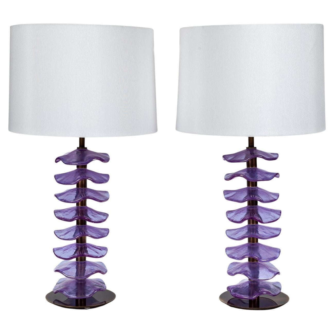 Pair Of Murano Glass Iridescent Lavender Petal Lamps, Contemporary For Sale